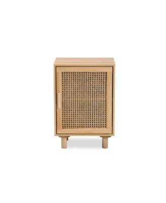 Maclean Mid-Century Modern Rattan and Natural Brown Finished Wood 1-Door End Table