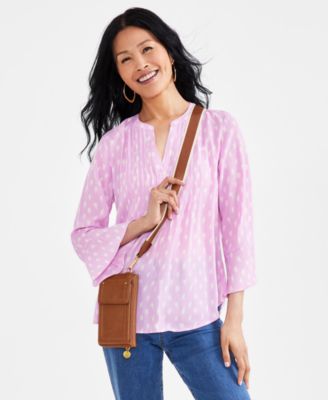 Style & Co - Petite Printed 3/4-Sleeve Pintuck Top