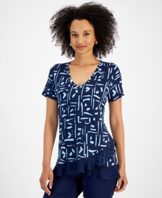 JM Collection - Women's Geo Etch Printed Ruffled Tee