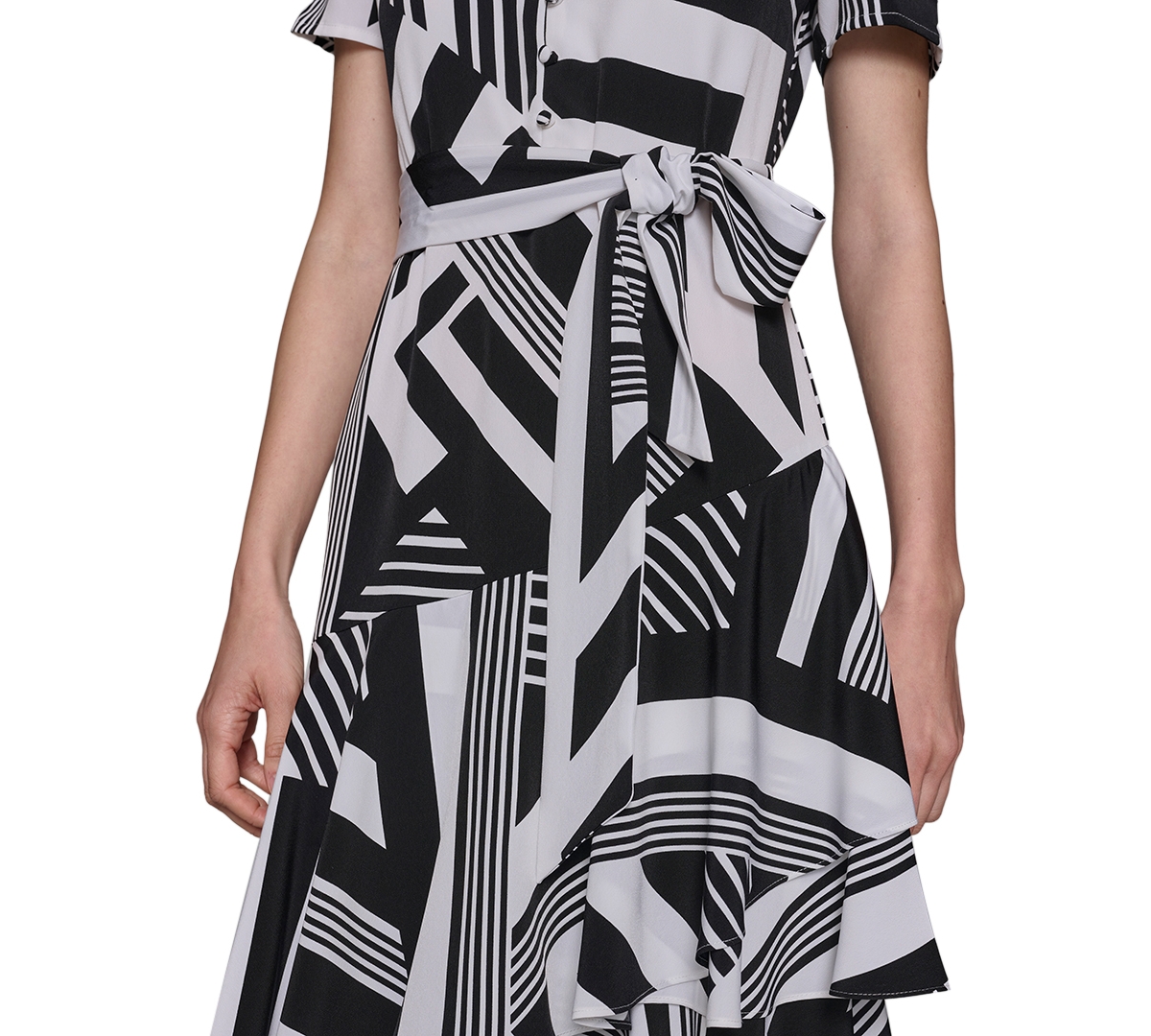 Karl Lagerfeld Paris Women's Printed Tie-Waist Tiered V-Neck Dress