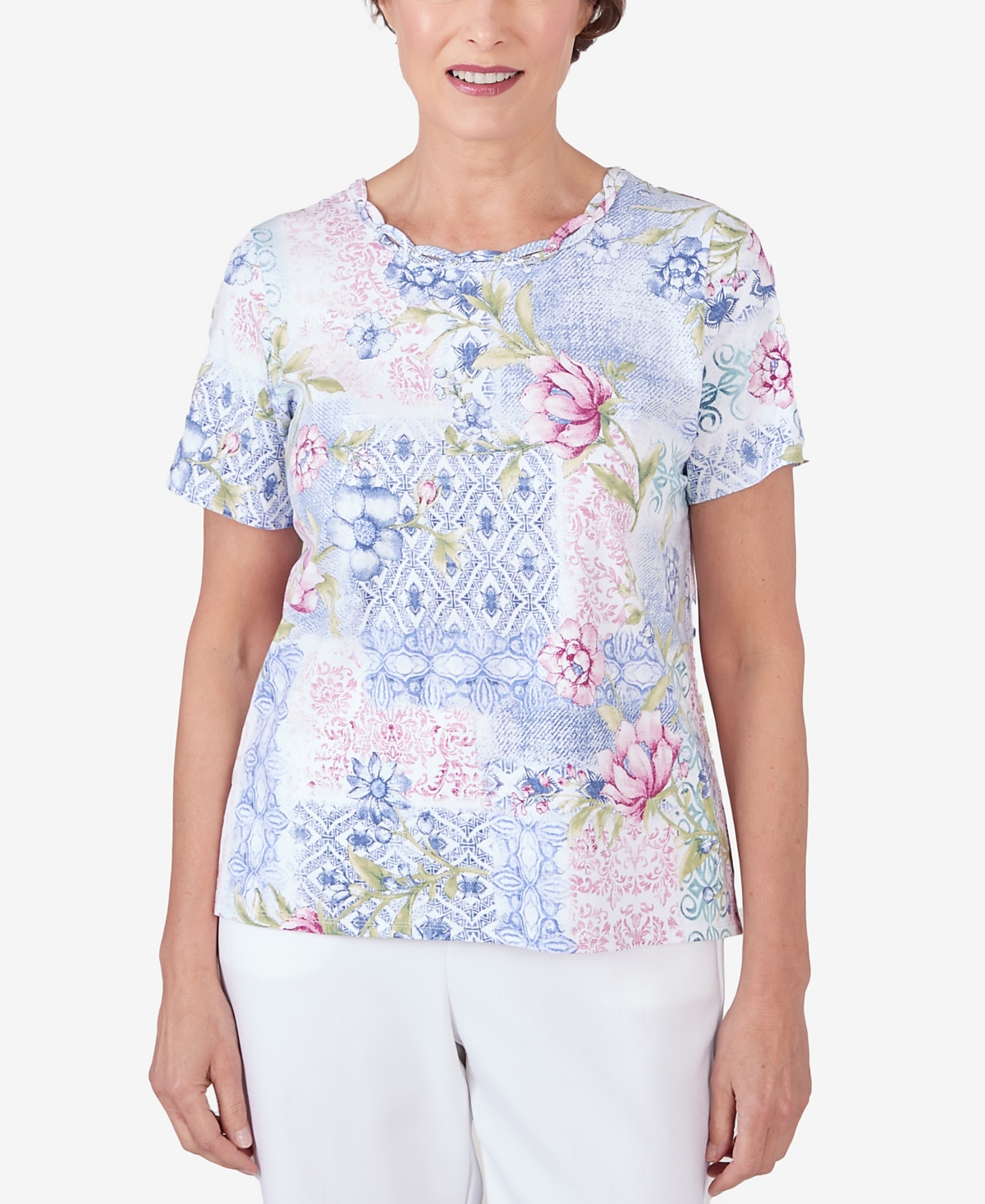 Petite Patchwork Floral Braided Neck Tee - Pastel