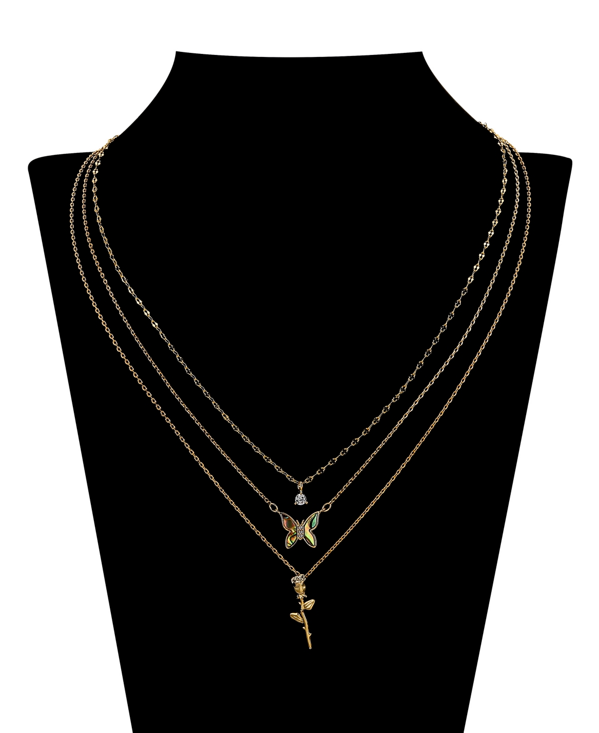 Unwritten Cubic Zirconia Abalone Buttterfly Rose Layered Necklace Set In Gold