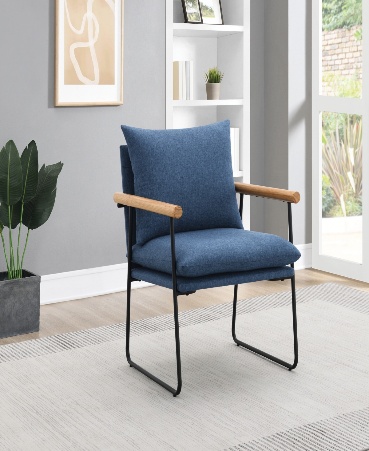 Shop Osp Home Furnishings Office Star Dutton Armchair In Navy Fabric With Natural Arms And Black Sled Base
