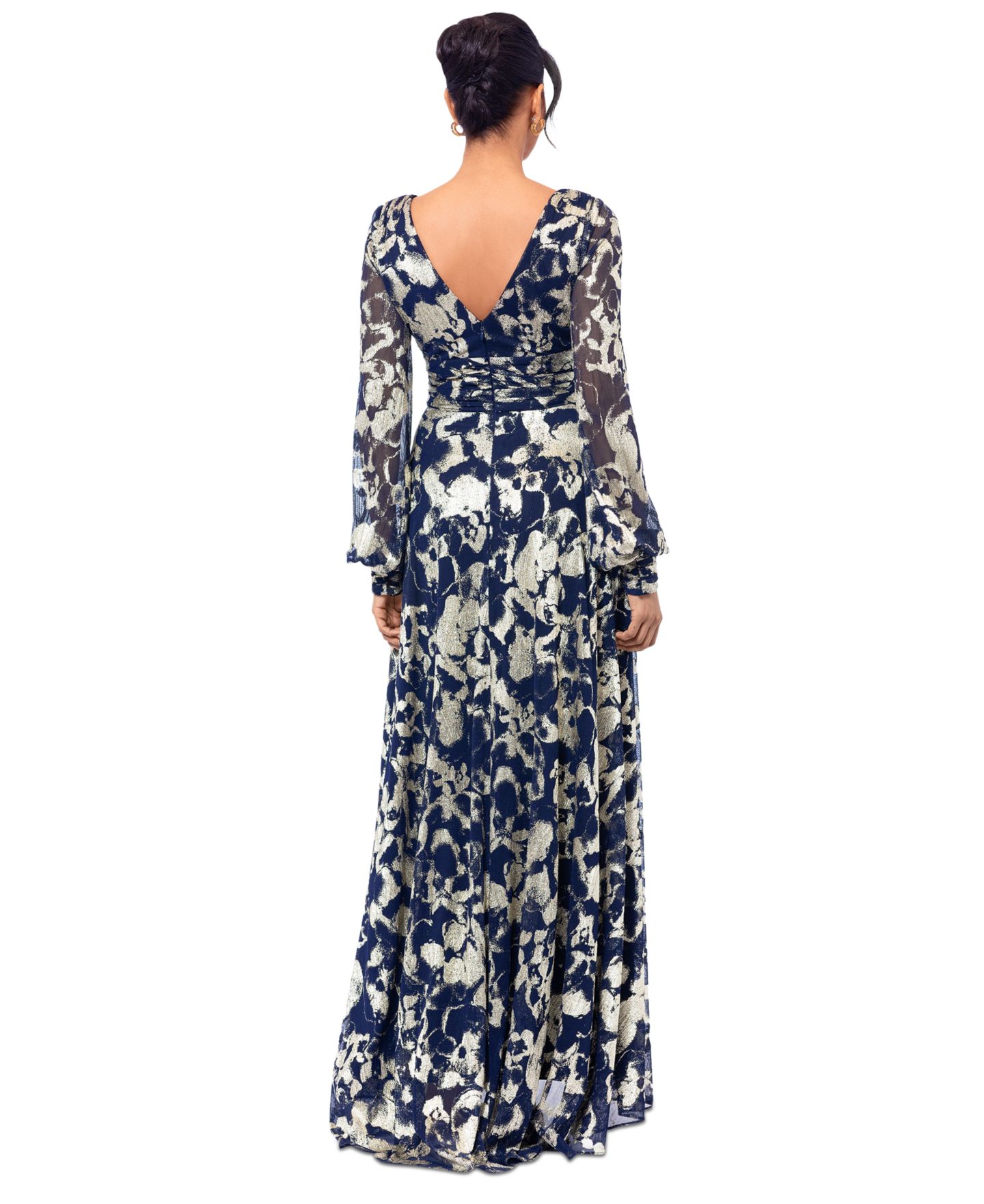 Женские платья Betsy & Adam Petite Metallic Print Blouson-Sleeve Gown, цвет: Тёмно-синий / Золотой — фото 2