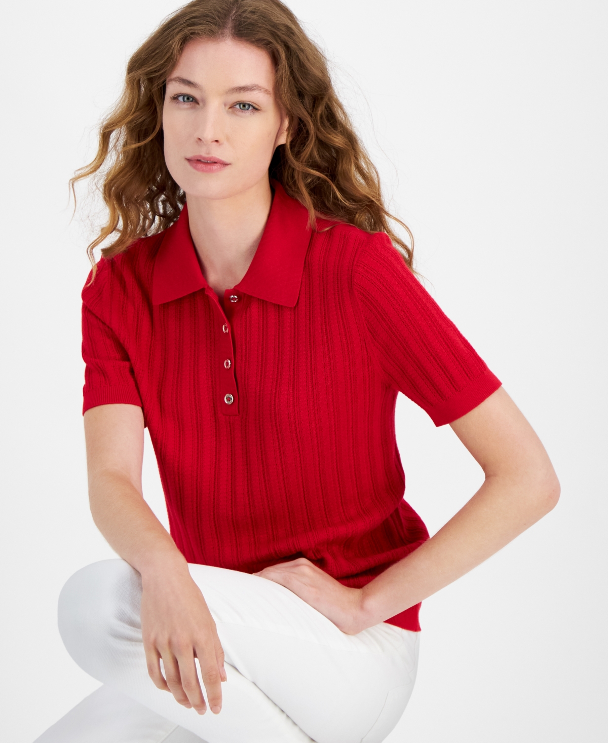 Tommy Hilfiger Women's Ribbed Short-Sleeve Polo Sweater