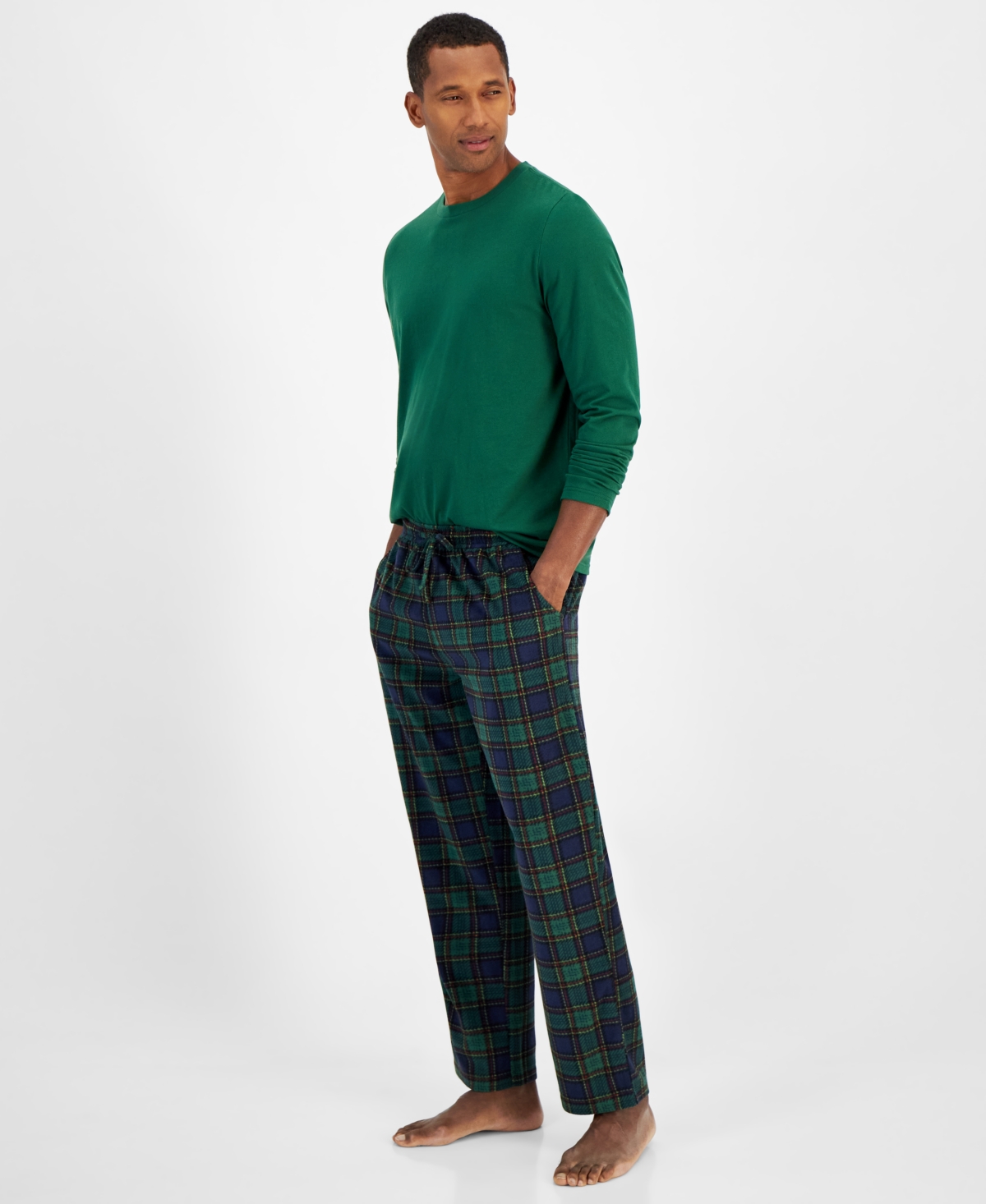 Club Room Men's Fleece Long-Sleeve T-Shirt & Plaid Pajama Pant Set, Created for Macy's -Blue