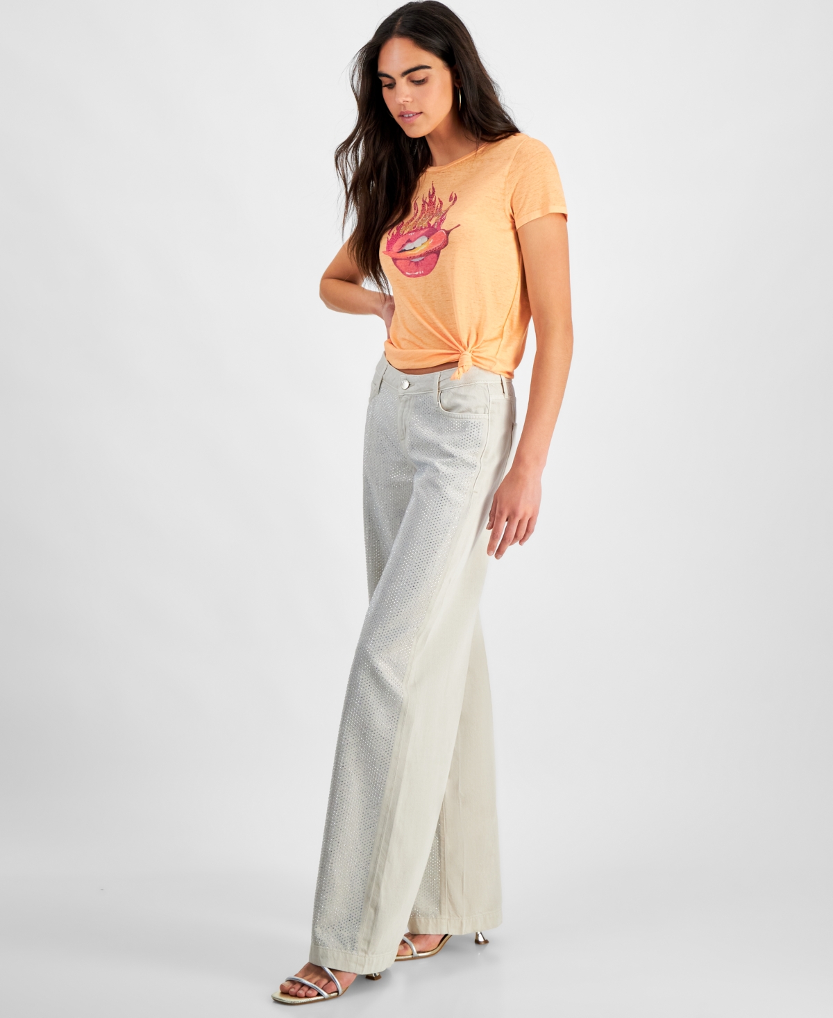 Guess Women's Embellished Mid Rise Wide Leg Jeans