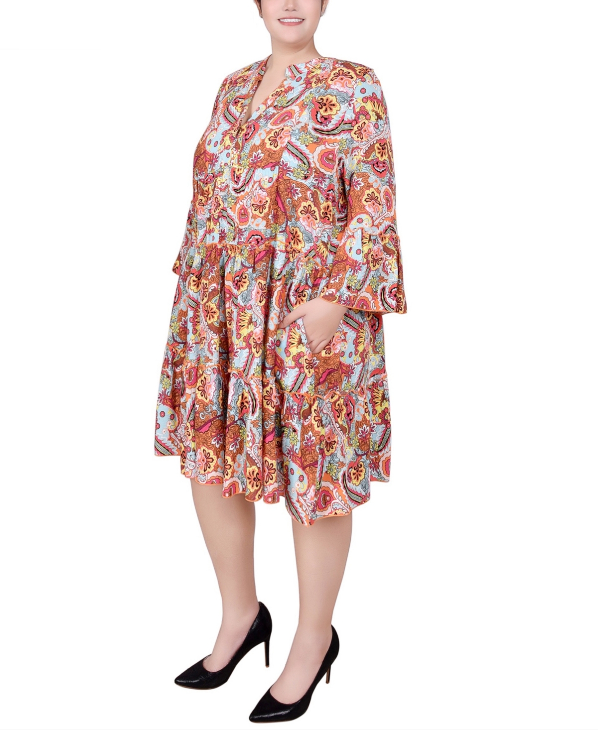 Ny Collection Plus Size 3/4 Sleeve Tiered Dress In Blue Orange Paisley