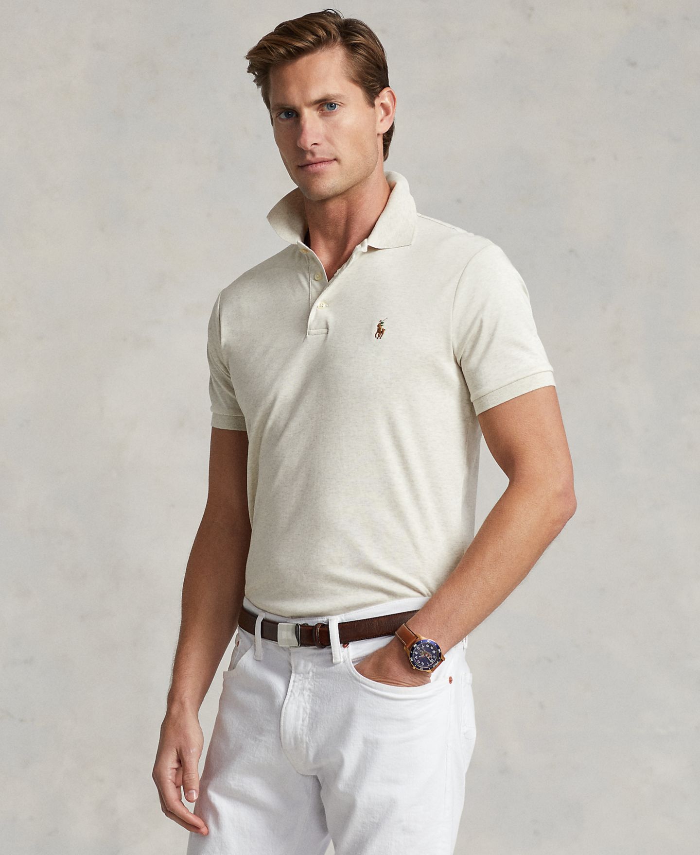 Мужское поло Polo Ralph Lauren Slim-Fit Soft Cotton Polo Shirt, цвет: Кремовый меланжевый — фото 3