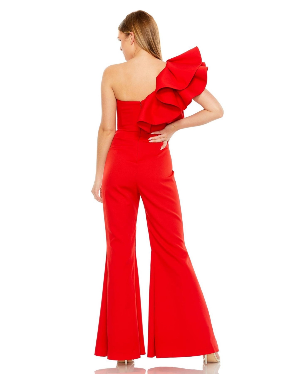 Mac Duggal Women's One Shoulder Ruffle Detail Flare Pant Jumpsuit