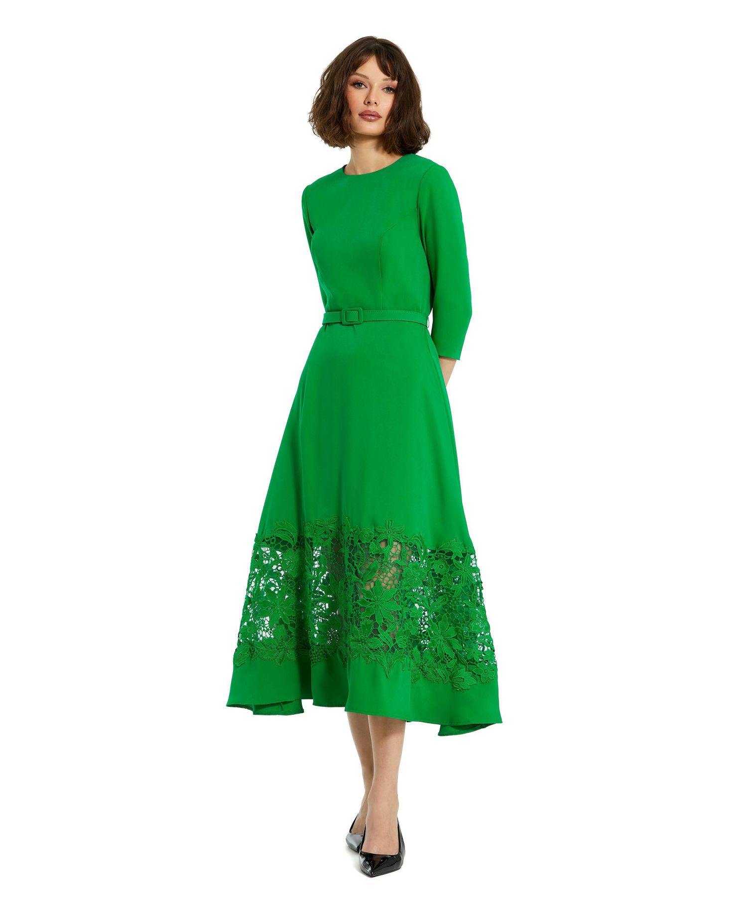 Women's Crepe Boat Neck Applique Cut Out Detail Midi Dress