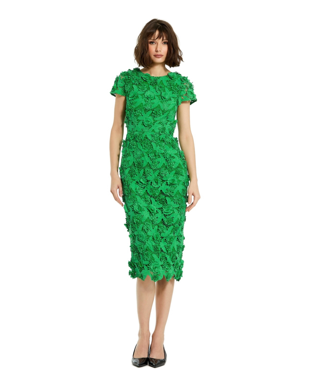 Women's Floral Lace Fitted Short Sleeve Midi Dress - Spring green