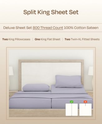 Luxury Bed Sheets Set - 800 Thread Count 100% Cotton Sheets, Deep Pocket, Soft, Cool & Breathable - Split King Size