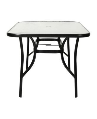Tala Rectangular Tempered Glass Top Patio Table With Umbrella Hole And Black Steel Tube Frame