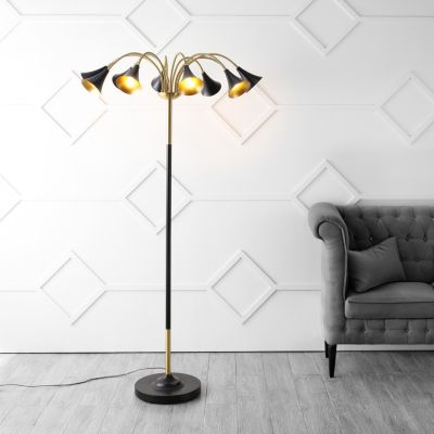Vivian 61" 10-Light Mid-Century Modern Iron Medusa Multi Head LED Floor Lamp, White/Brass Gold