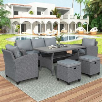 TOPMAX 6-Piece Outdoor Rattan Wicker Set Patio Garden Backyard Sofa, Chair, Stools and Table, Natural