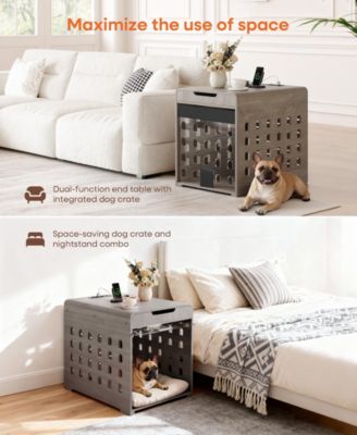 Dog Crate End Table with Charging Station, Furniture Style Pet Crate Nightstand for Small to Medium Dogs