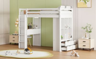 Twin Loft Bed with Shelves, Desk, and LED