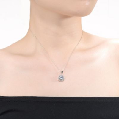 White Gold Plated with Cubic Zirconia Big Round Solitaire Halo Pendant Necklace