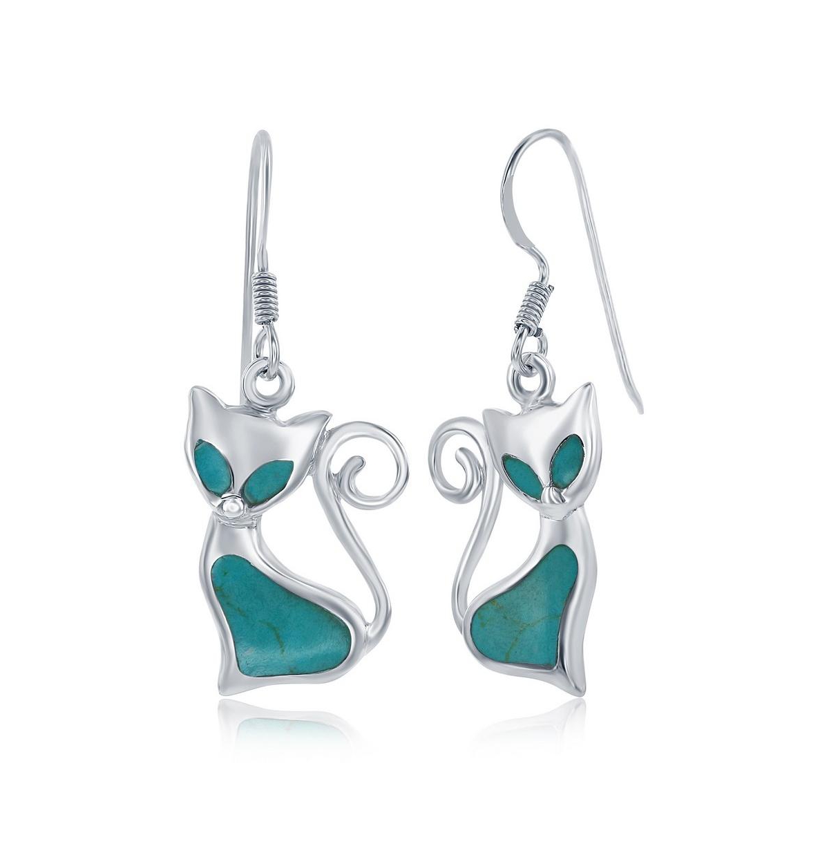 Sterling Silver Created Turquoise Cat Earrings - Turquoise/aqua