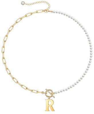 14K Gold Plated Toggle Clasp Initial Imitation Pearl Link Chain Necklace