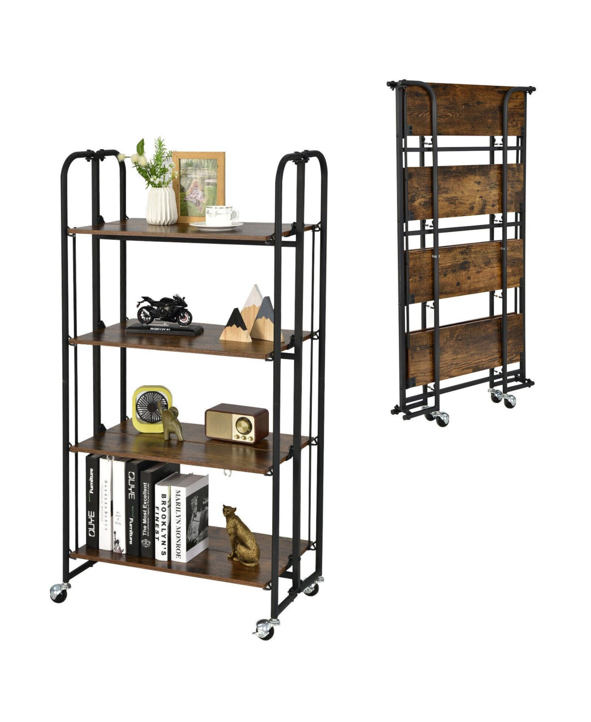 Foldable Rolling Cart with Storage Shelves for Kitchen - Brown