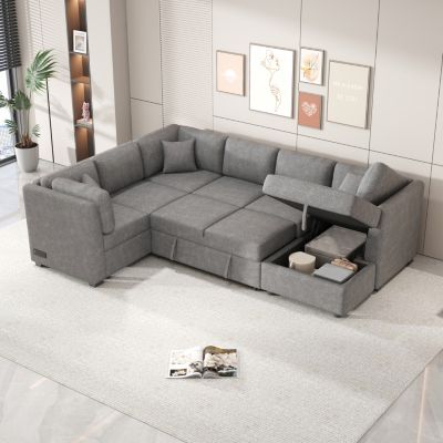 Modern U-Shape Sofa Bed with Power & USB, Storage