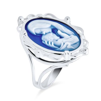 Classic  Blue White Cameo Silver Ring for Mom - Victorian Lady Design
