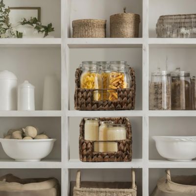 (Set of 2) Water Hyacinth Pantry Baskets with Handles - Natural, Medium and Large Size Woven Storage Baskets for Kitchen Shelves