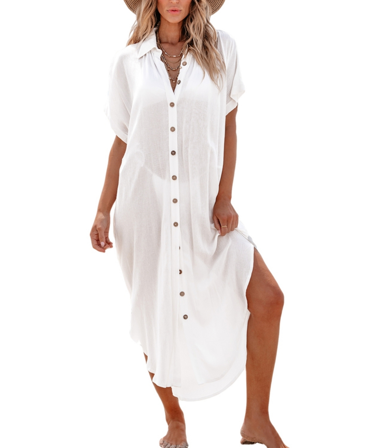 Women's White Collared Button Up Cover-Up Beach Dress - White