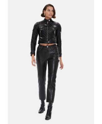 Women's Cropped Leather Jacket, Black
