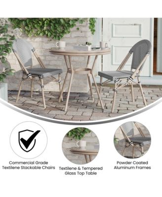 Mael Bistro Style Table With Glass Top, Textilene, 2 Stack Chairs, And Bamboo Finished Metal Frame For Indoor/Outdoor Use