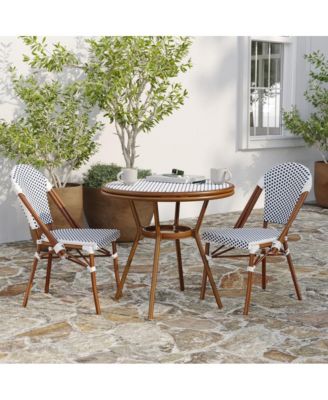 Mael Bistro Style Table With Glass Top, Textilene, 2 Stack Chairs, And Bamboo Finished Metal Frame For Indoor/Outdoor Use