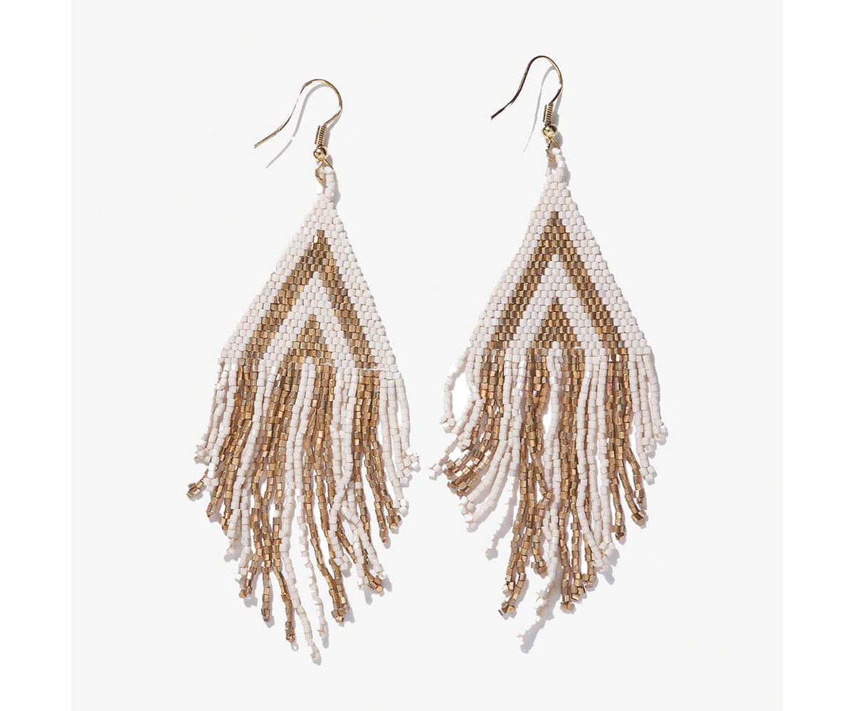 Haley Stacked Triangle Luxe Beaded Fringe Earrings - Gold  White