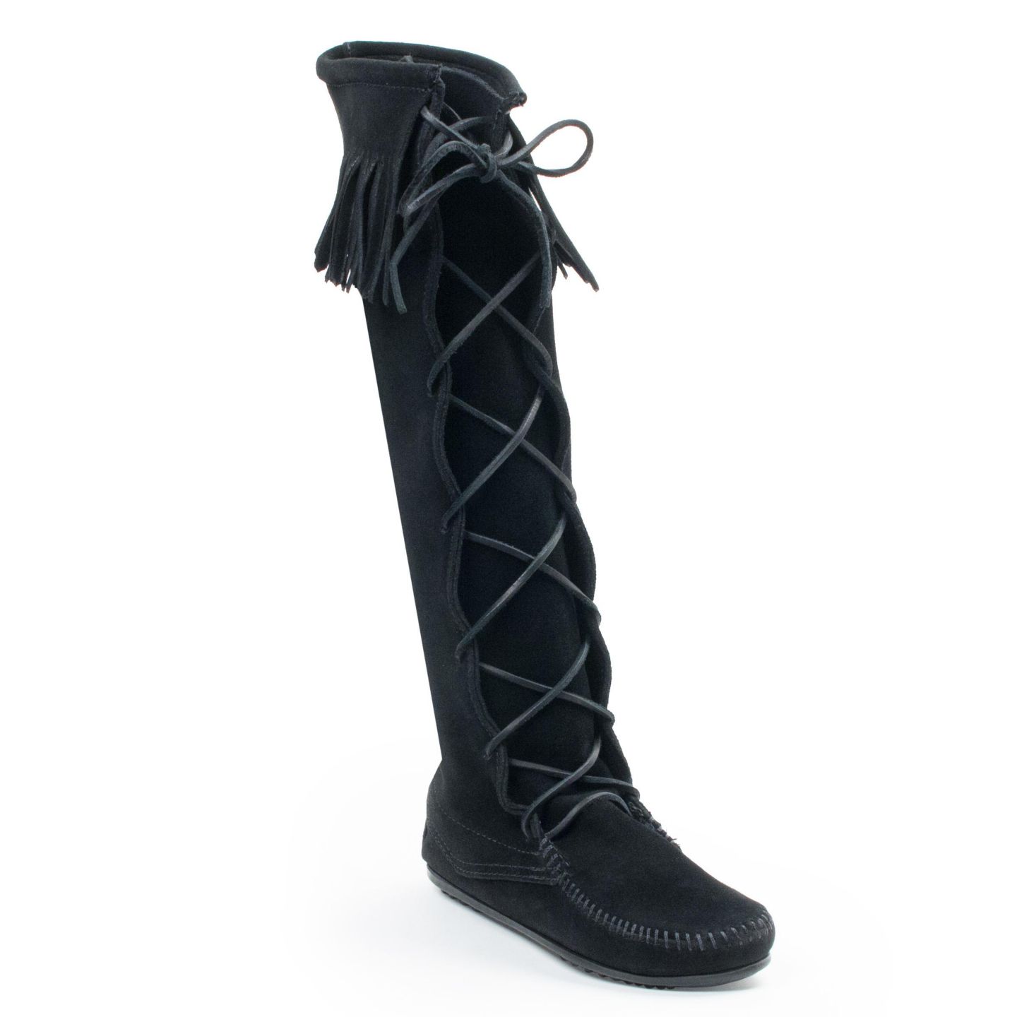 Женские ботинки Minnetonka Suede Front Lace Knee High, цвет: Чёрный — фото 1