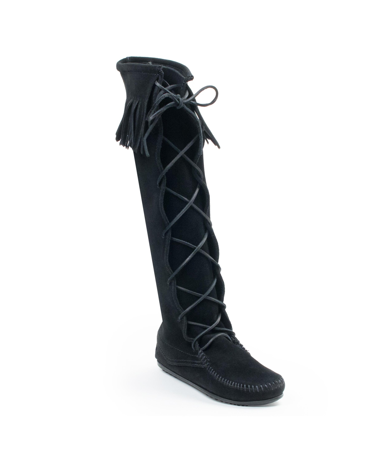 Women's Suede Front Lace Knee High Boots - Black