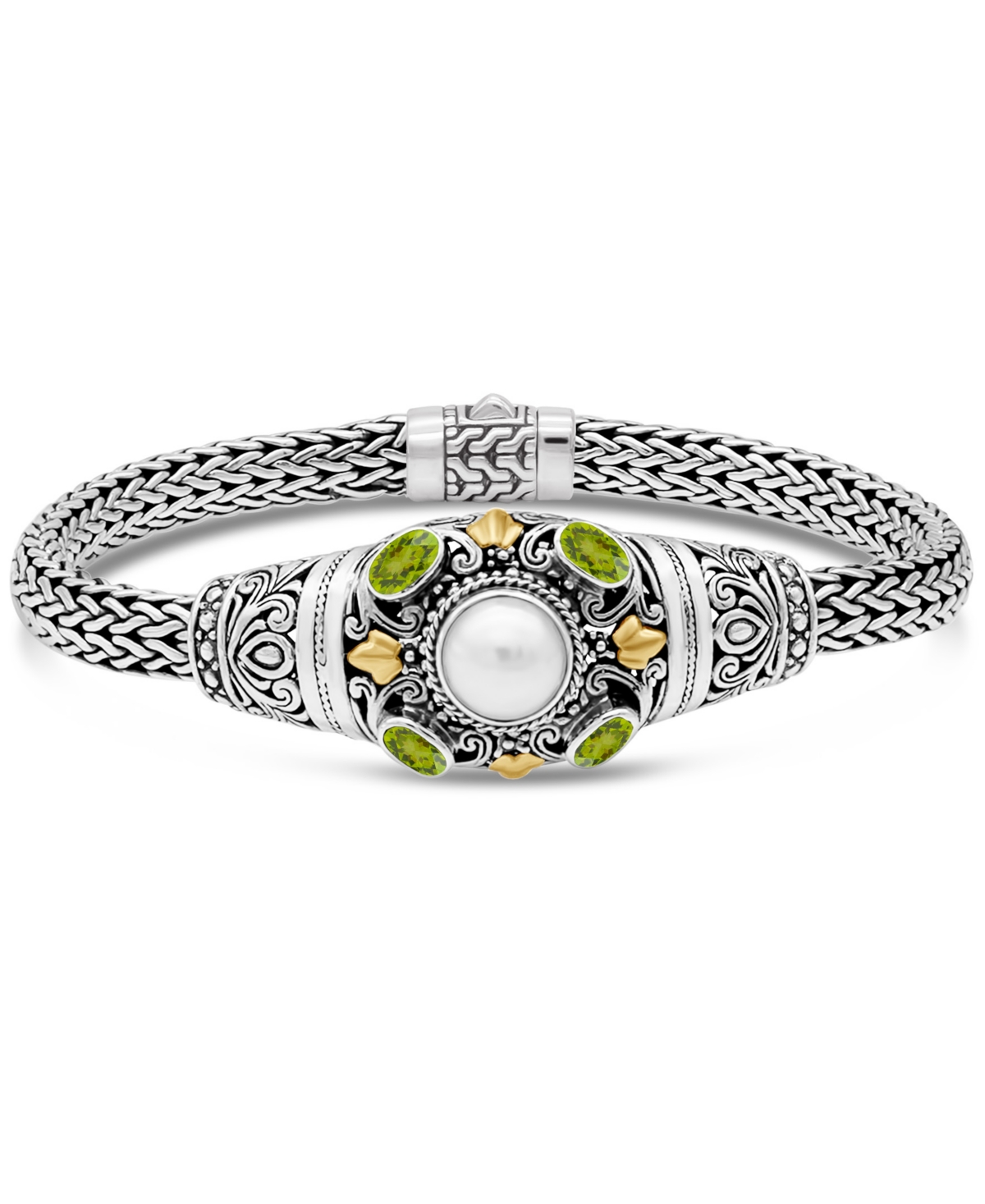 Peridot, Freshwater Cultured Pearl & Bali Filigree with Dragon Bone Oval 5mm Chain Bracelet in Sterling Silver and 18K Gold - Silver