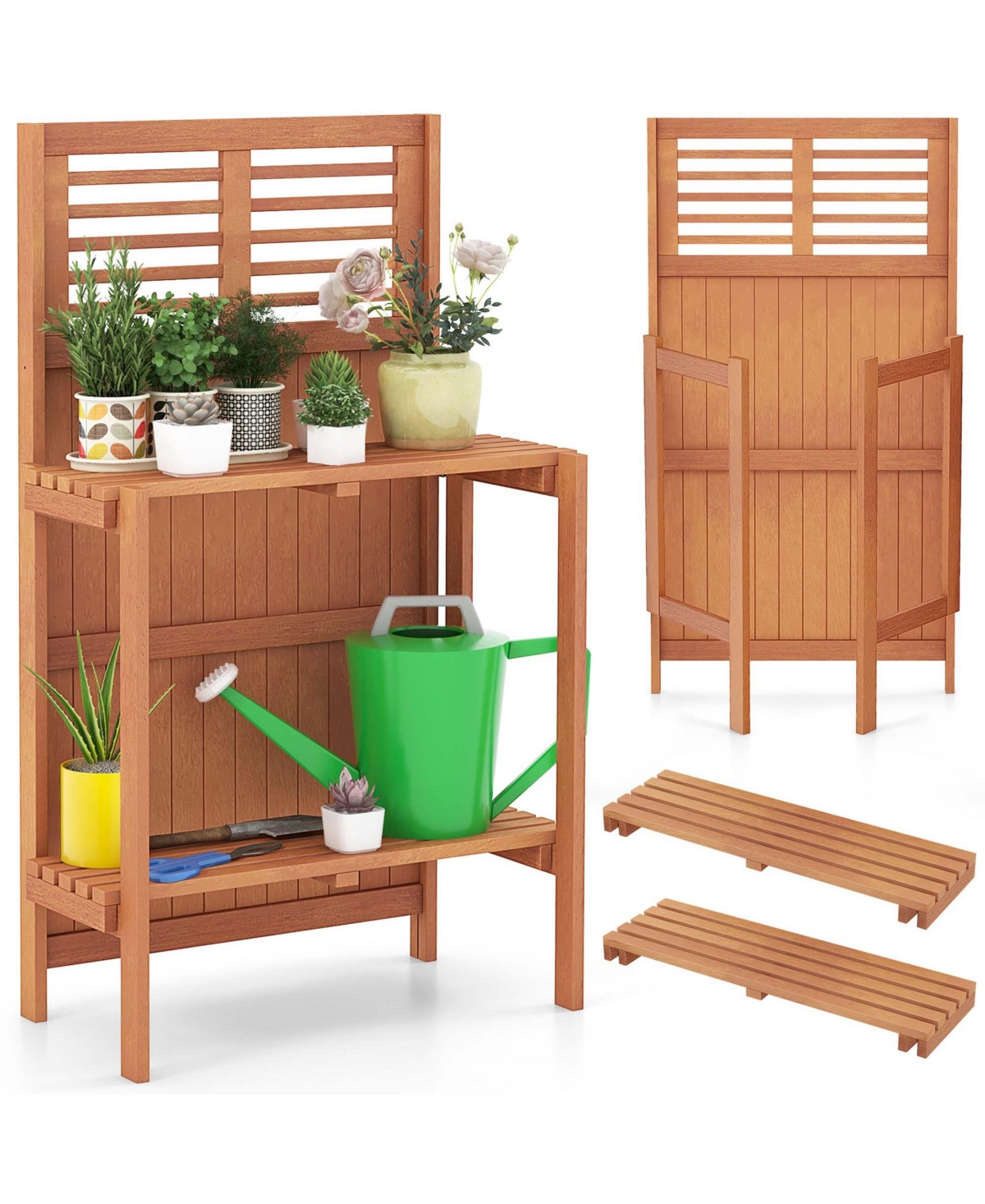 Wood Potting Bench Waterproof Garden Table with 2-Tier Open Storage Shelf - Natural