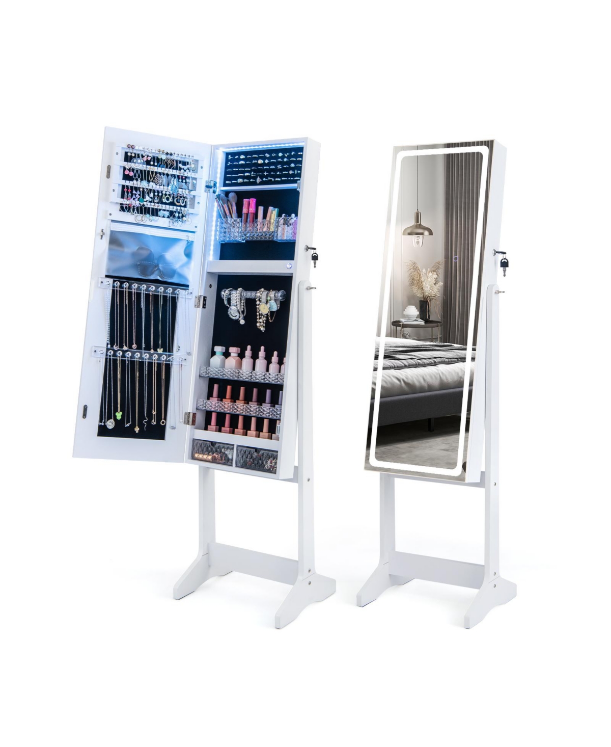 Lockable Jewelry Armoire Standing Cabinet with Lighted Full-Length Mirror - White
