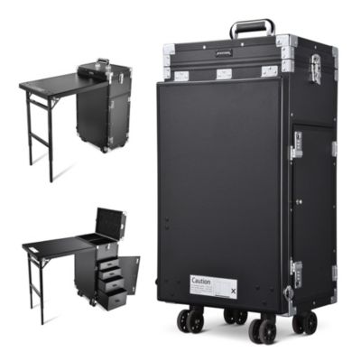 Aluminum Rolling Makeup Train Case with Table Salon Nail Trolley Cosmetic Organizer Black