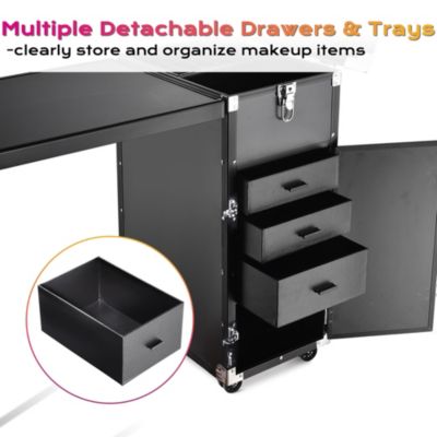 Aluminum Rolling Makeup Train Case with Table Salon Nail Trolley Cosmetic Organizer Black