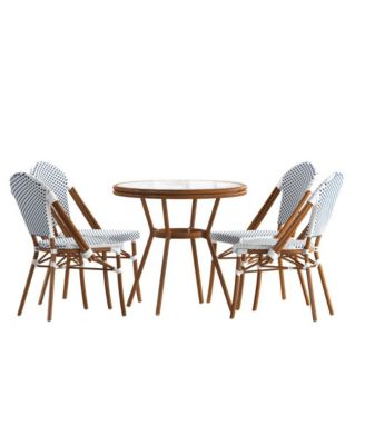 Bamboo Finished Metal Frame Celia Bistro Style Table with Glass Top, Pe Rattan, 4 Stack Chairs