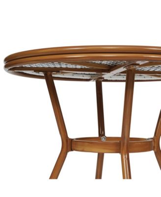 Bamboo Finished Metal Frame Celia Bistro Style Table with Glass Top, Pe Rattan, 4 Stack Chairs