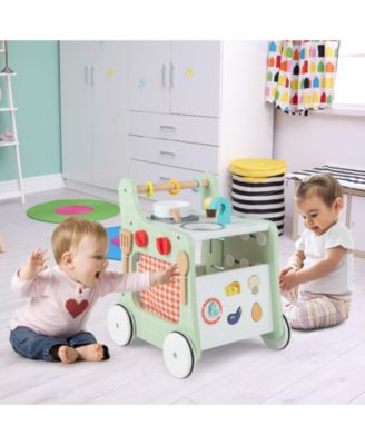6-in-1 Wooden Baby Stroller with Play Kitchen for Kids Over 12 Months
