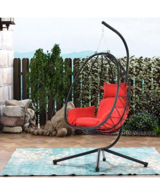 Wicker Hanging Egg Basket Hammock Chair With Stand and Removable Cushions, Red