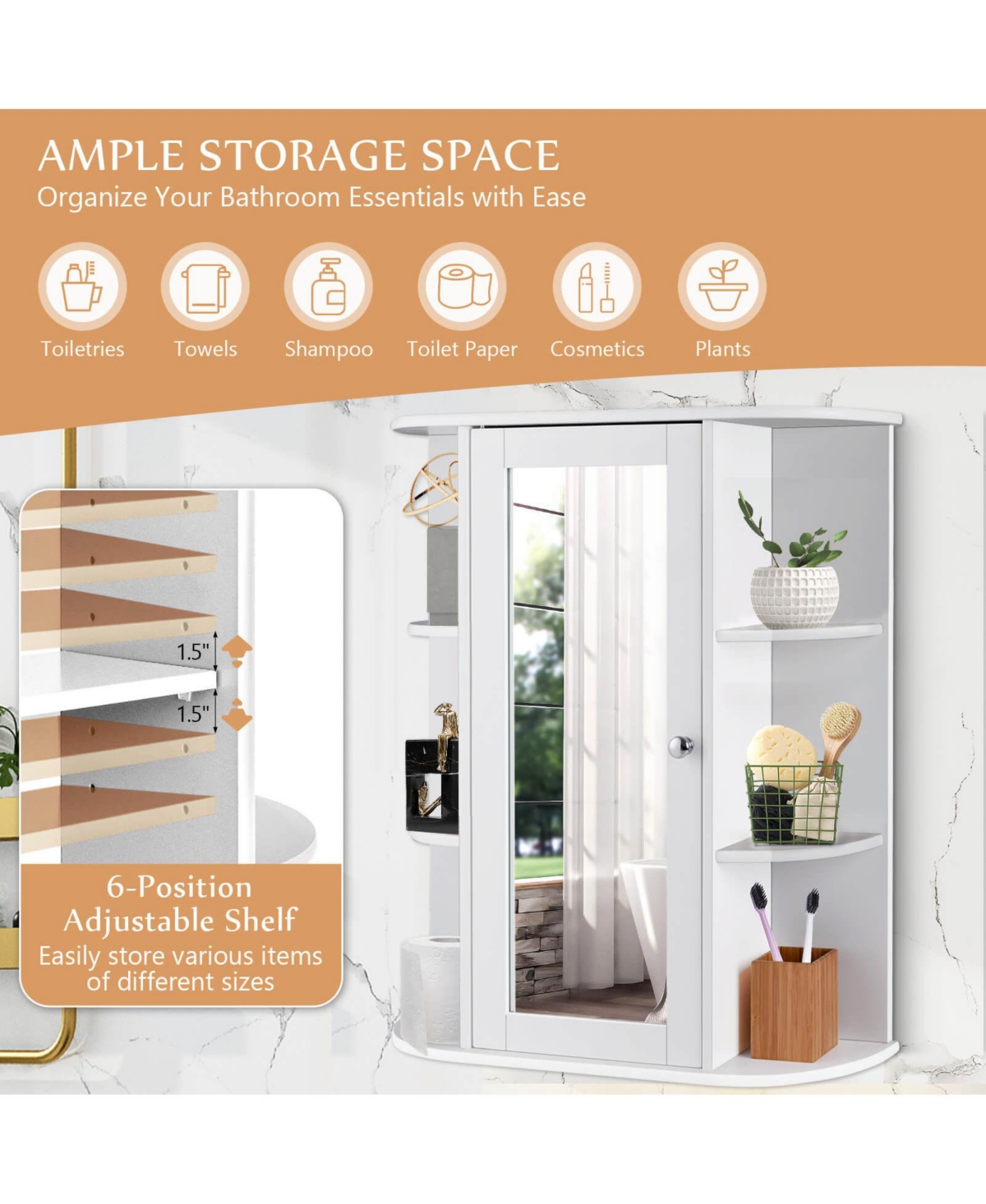 Sugift Bathroom Single Door Shelves Wall Mount Cabinet with Mirror