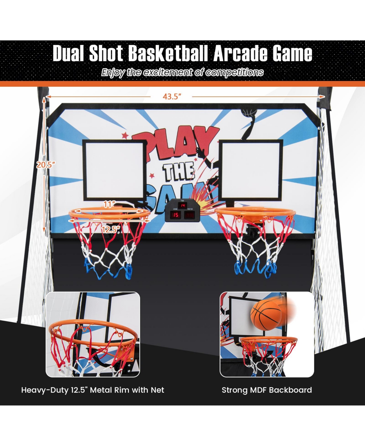 Sugift Foldable Dual Shot Basketball Arcade Game with Electronic Scoring System
