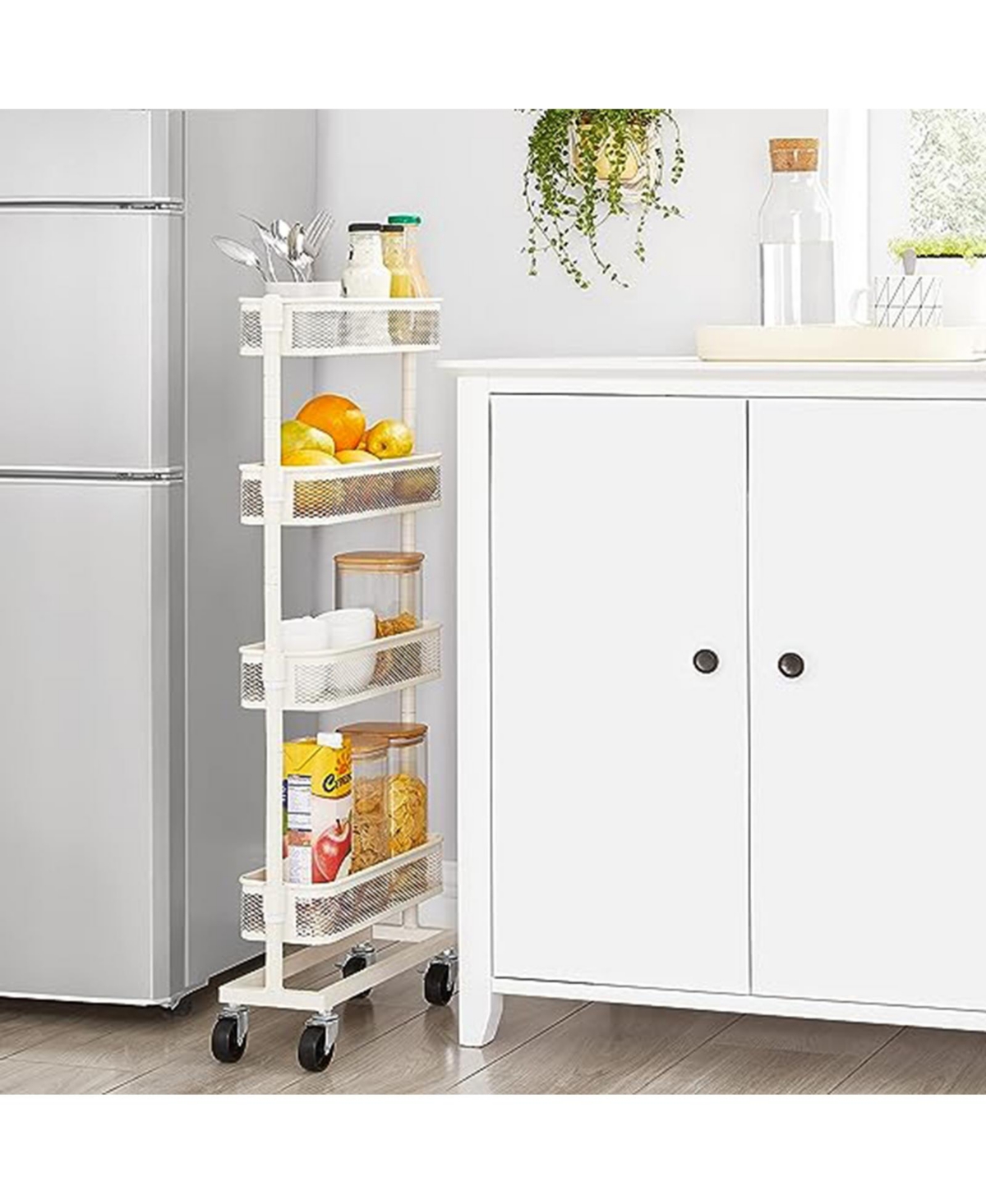 Slim Storage Cart, 4-tier Slide-out Trolley For Small Spaces, Bathroom, With Wire Baskets