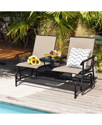 2-Person Double Rocking Loveseat with Mesh Fabric and Center Tempered Glass Table