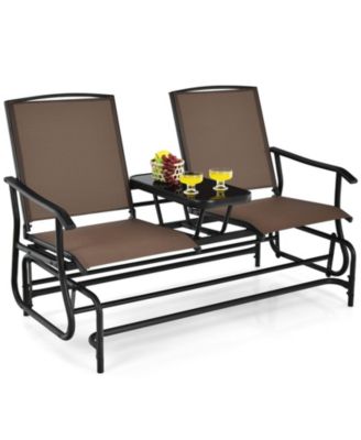 2-Person Double Rocking Loveseat with Mesh Fabric and Center Tempered Glass Table